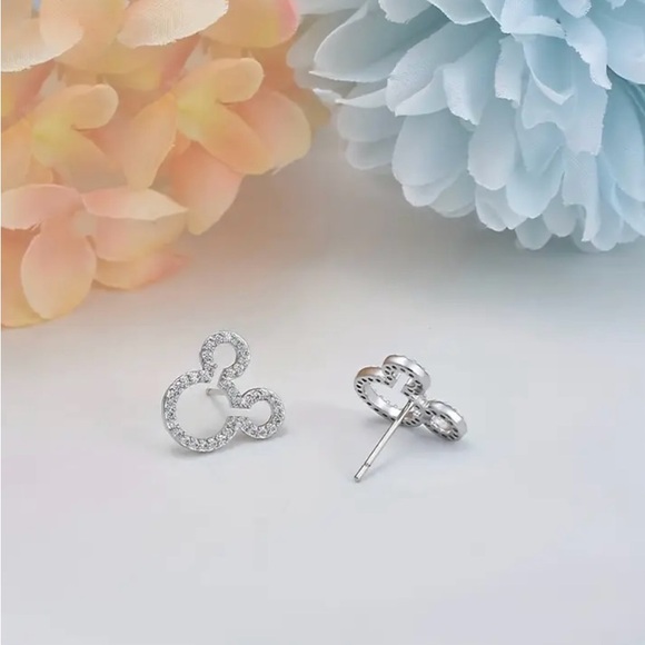 NEW STERLING SILVER MICKEY MOUSE EARRINGS CRYSTAL/SILVER OUTLINE STUD EARRINGS - Picture 3 of 5